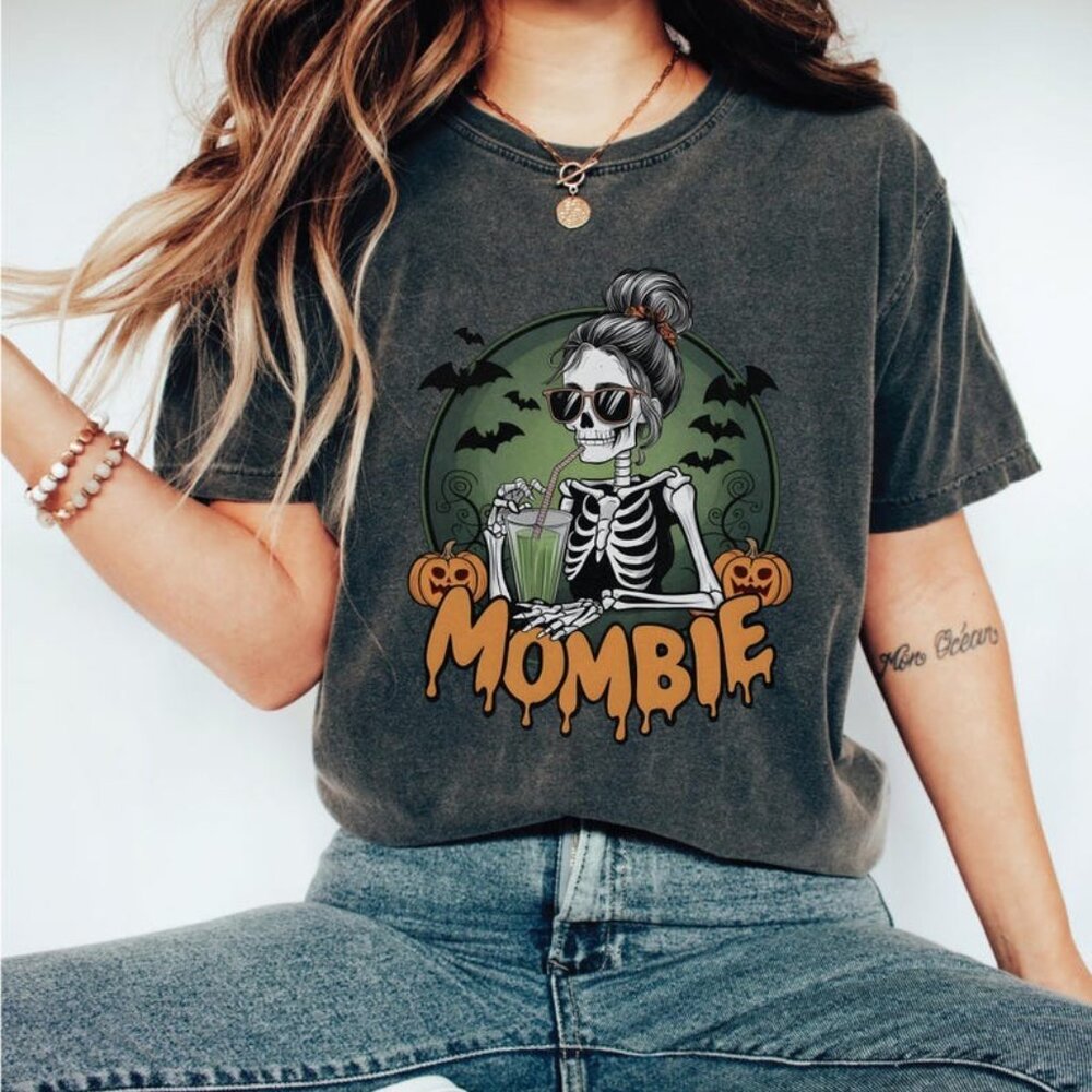 Mombie Comfort Colors Shirt, Funny Halloween Mom Tee, Skeleton Mom Shirt